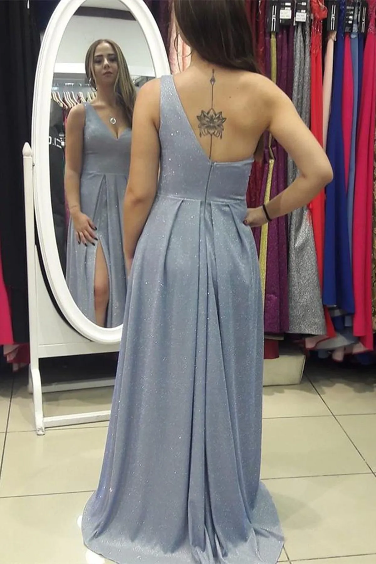 One Shoulder Silver Gray Long Prom Dress with High Slit, One Shoulder Silver Grady Formal Graduation Evening Dress A1544