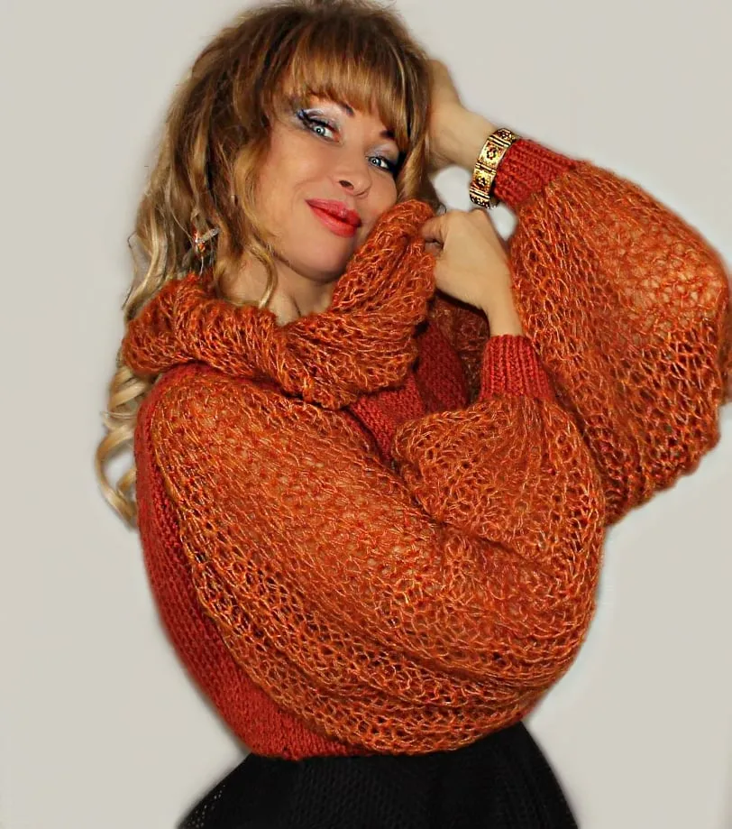 Orange Open back Wool Fuzzy Mohair sweater with puffy sleeves