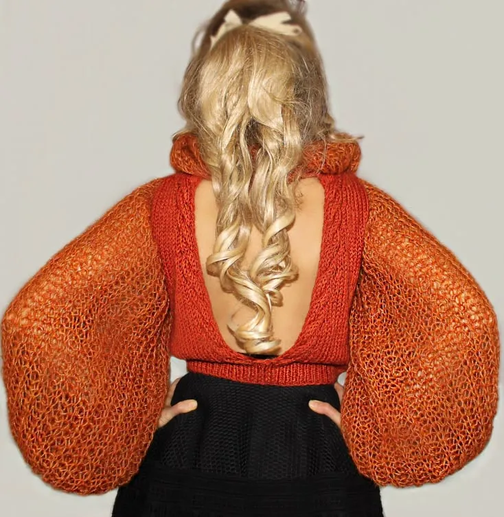 Orange Open back Wool Fuzzy Mohair sweater with puffy sleeves