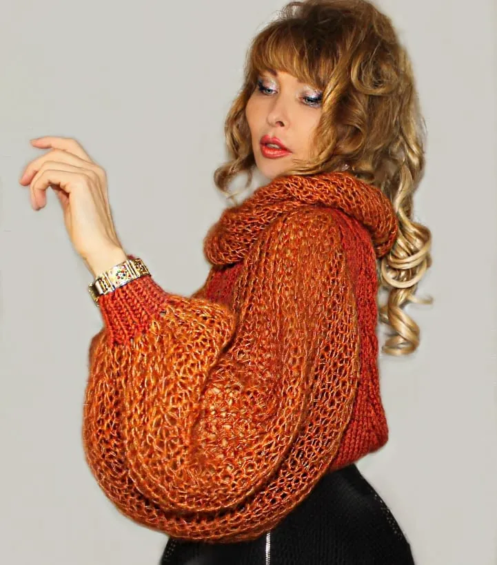 Orange Open back Wool Fuzzy Mohair sweater with puffy sleeves