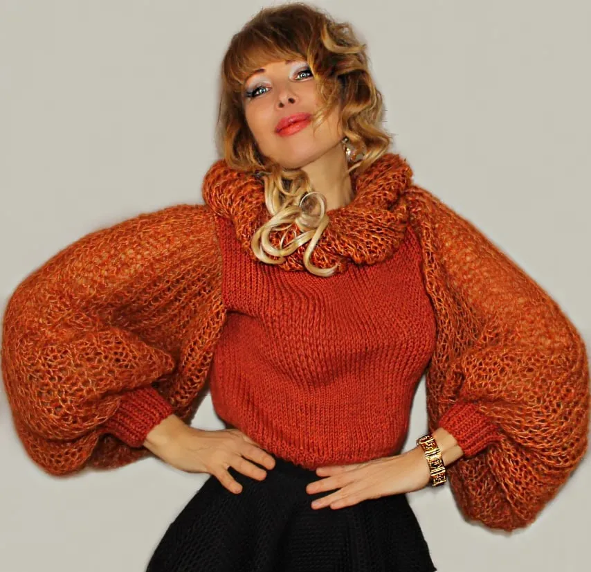 Orange Open back Wool Fuzzy Mohair sweater with puffy sleeves