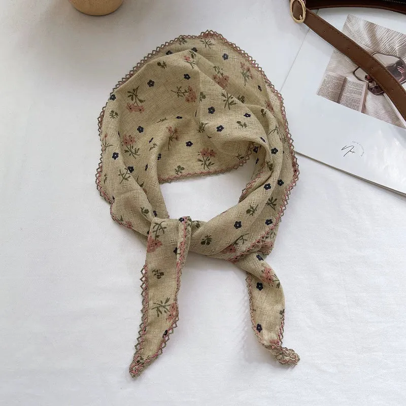 Pastoral Floral Cotton and Linen Triangle Headscarf