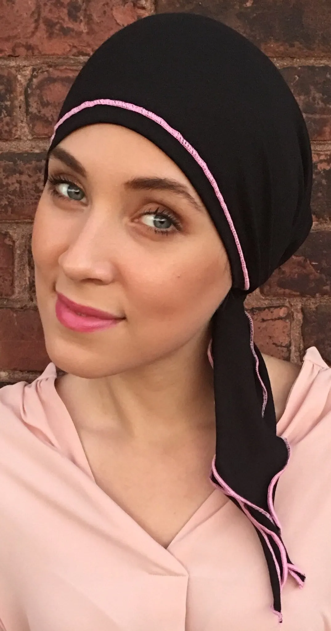 Personal Gift For Girlfriend Black Cotton Athletic Hair Wrap With Pink or Blue Piping Finish