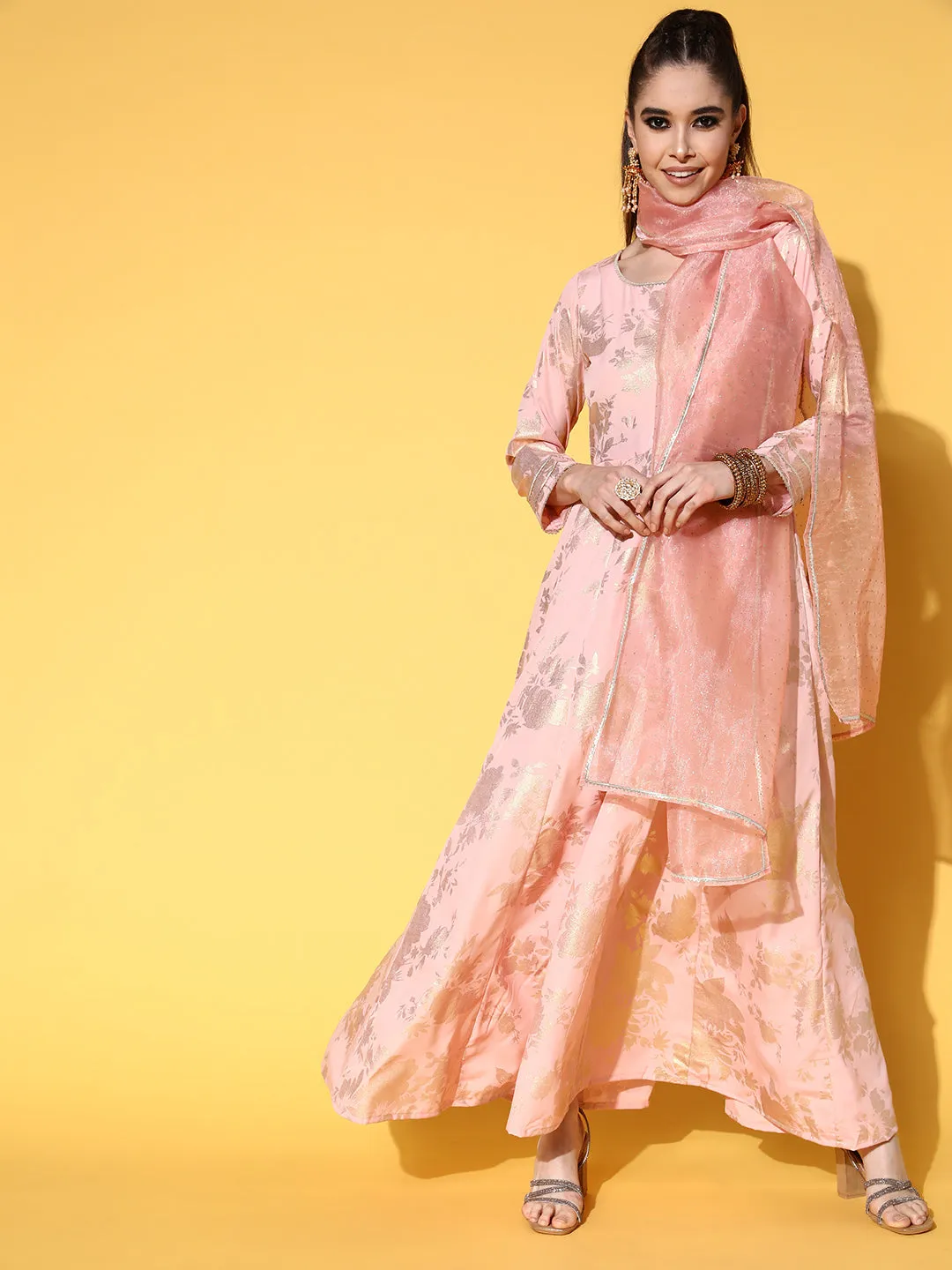 Pink & Gol Printed Gotta Patti Ethnic Dress With Dupatta