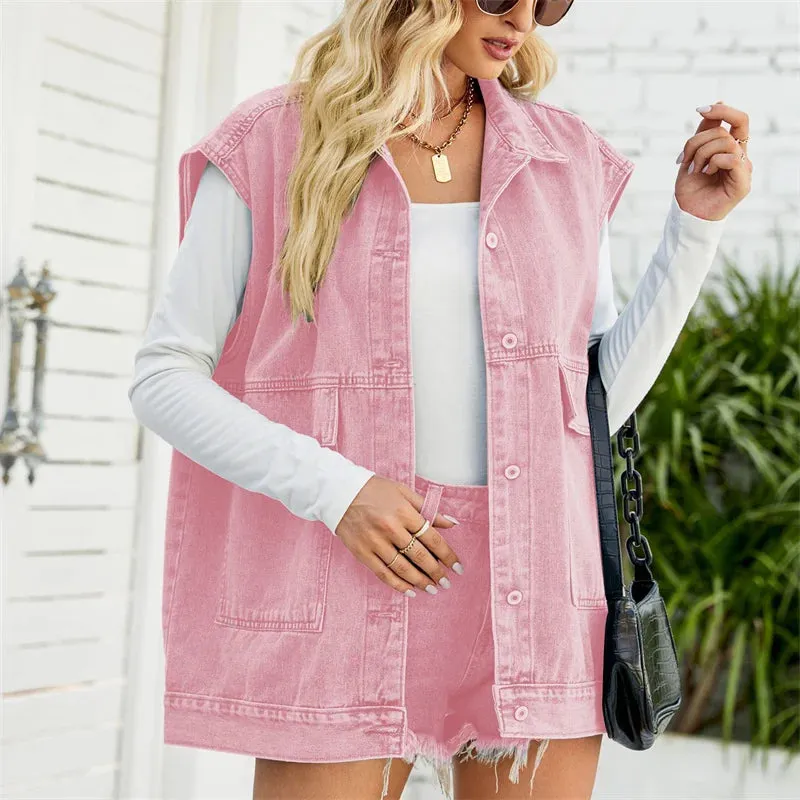 Pink Denim Hooded Tank 2024 Autumn Oversized Sleeveless Soft Jacket