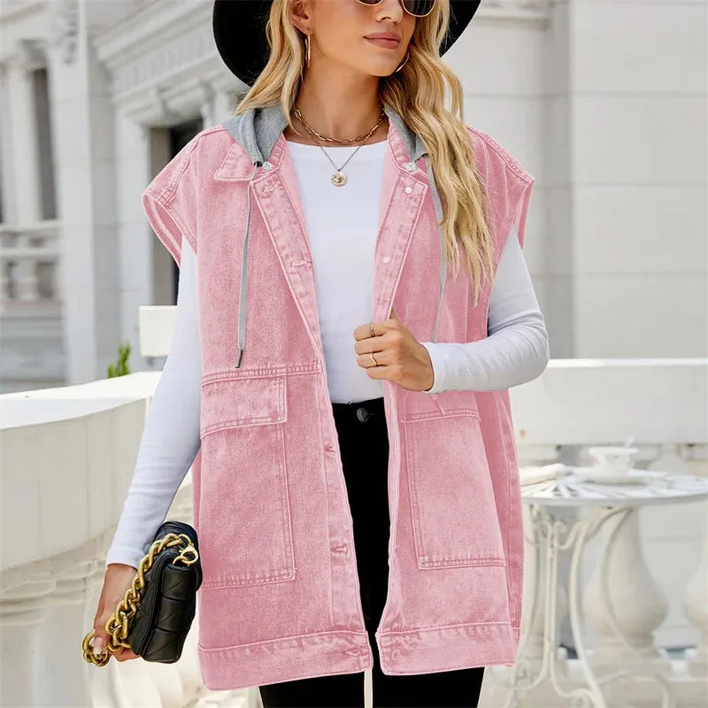 Pink Denim Hooded Tank 2024 Autumn Oversized Sleeveless Soft Jacket