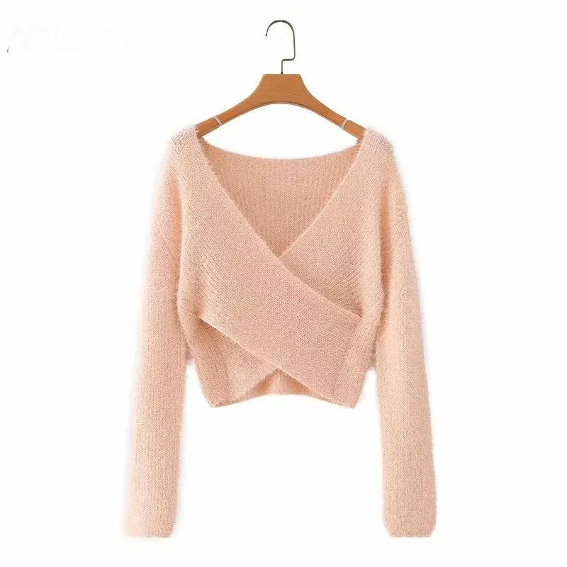 Pink Fluffy Knitted Sweater V-neck Wrap Front Cropped Pullovers