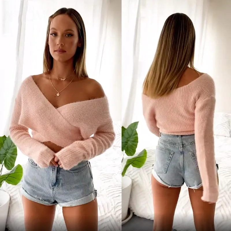 Pink Fluffy Knitted Sweater V-neck Wrap Front Cropped Pullovers