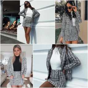 Plaid Blazer Double Breast Blazer & Skirt