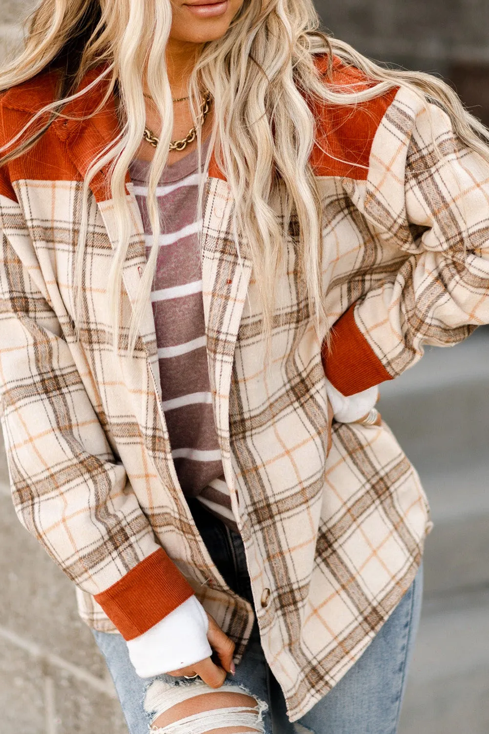 Plaid Contrast Corduroy Shacket