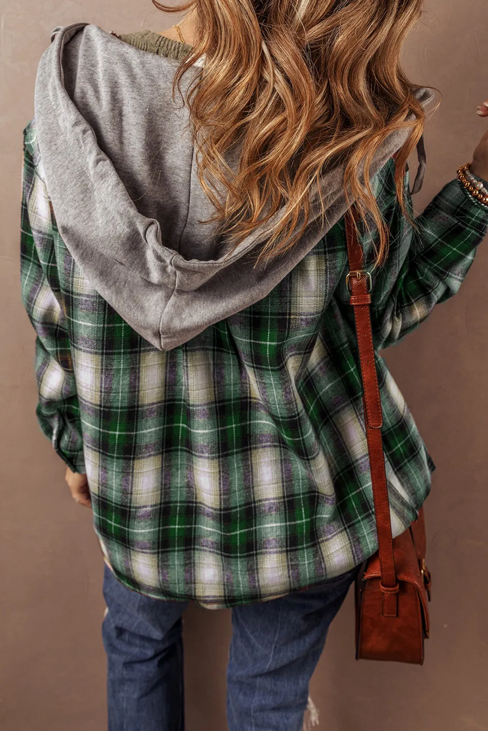 Plaid Print Chest Pocket Buttoned Hooded Shacket