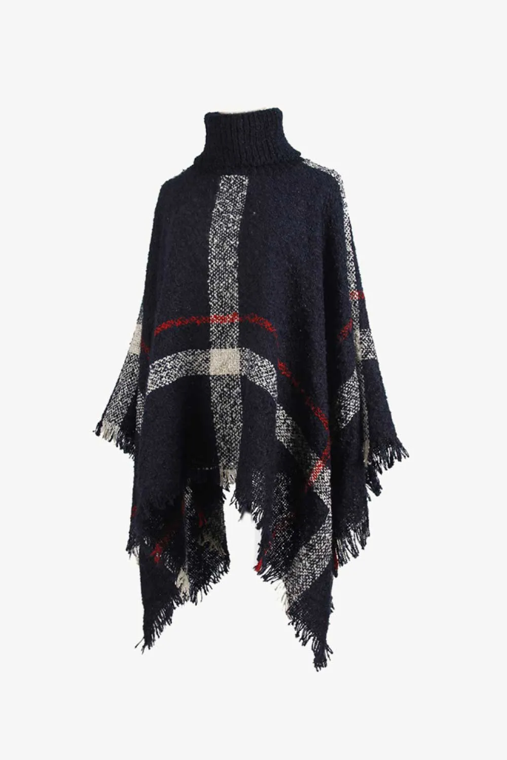 Plaid Turtleneck Raw Hem Poncho