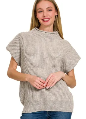 Power Shoulder Mock Neck Sweater in Heather Mocha by Zenana