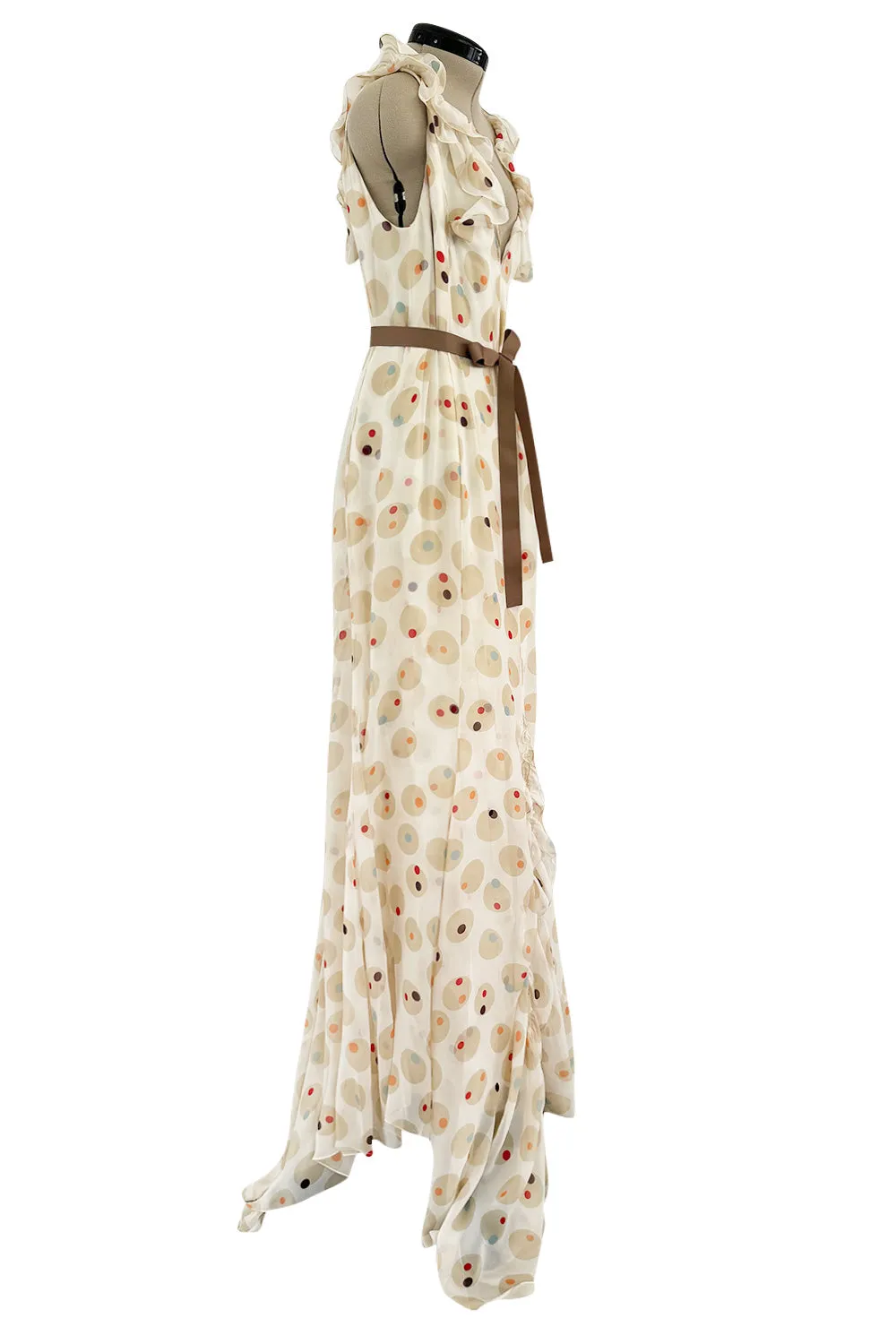 Prettiest 1980s Bill Blass Soft Taupe & Ivory Silk Chiffon Dress w Ruffles & Dot Print