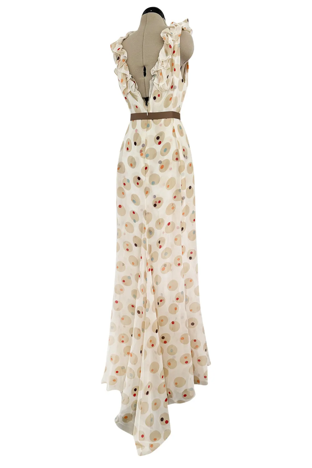 Prettiest 1980s Bill Blass Soft Taupe & Ivory Silk Chiffon Dress w Ruffles & Dot Print