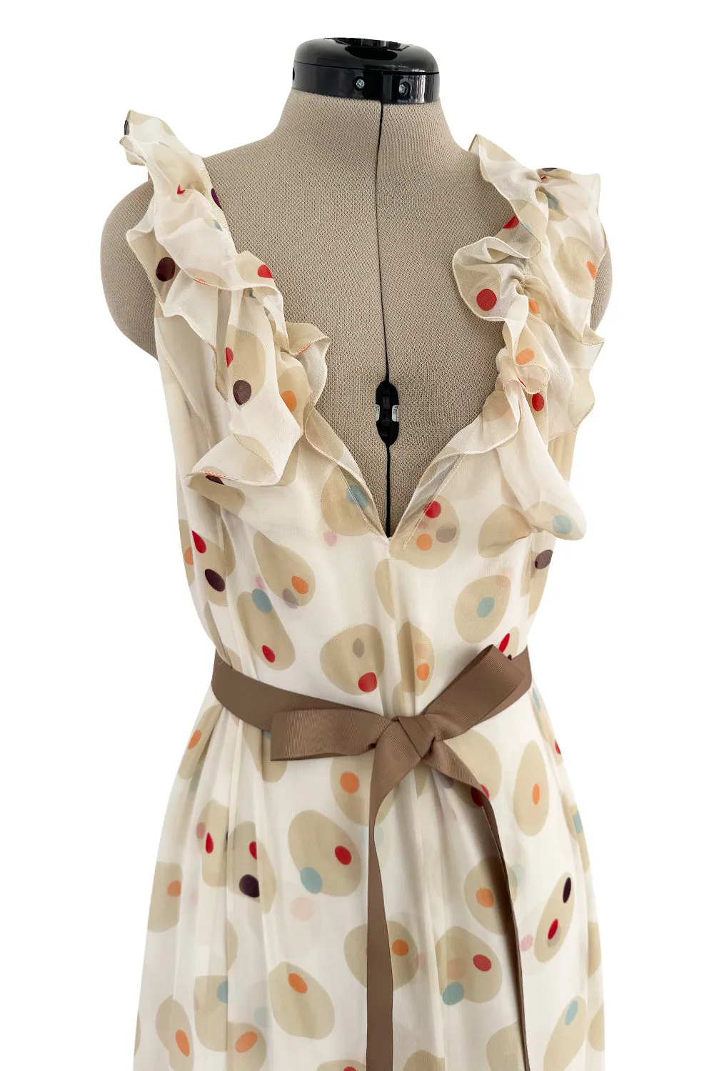 Prettiest 1980s Bill Blass Soft Taupe & Ivory Silk Chiffon Dress w Ruffles & Dot Print