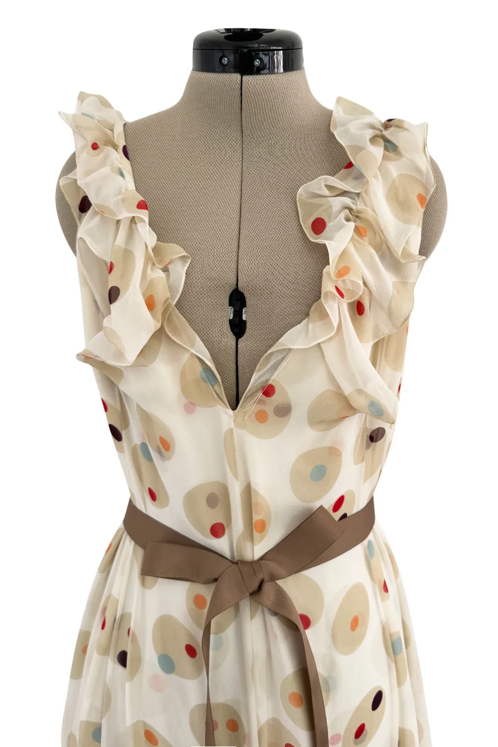 Prettiest 1980s Bill Blass Soft Taupe & Ivory Silk Chiffon Dress w Ruffles & Dot Print