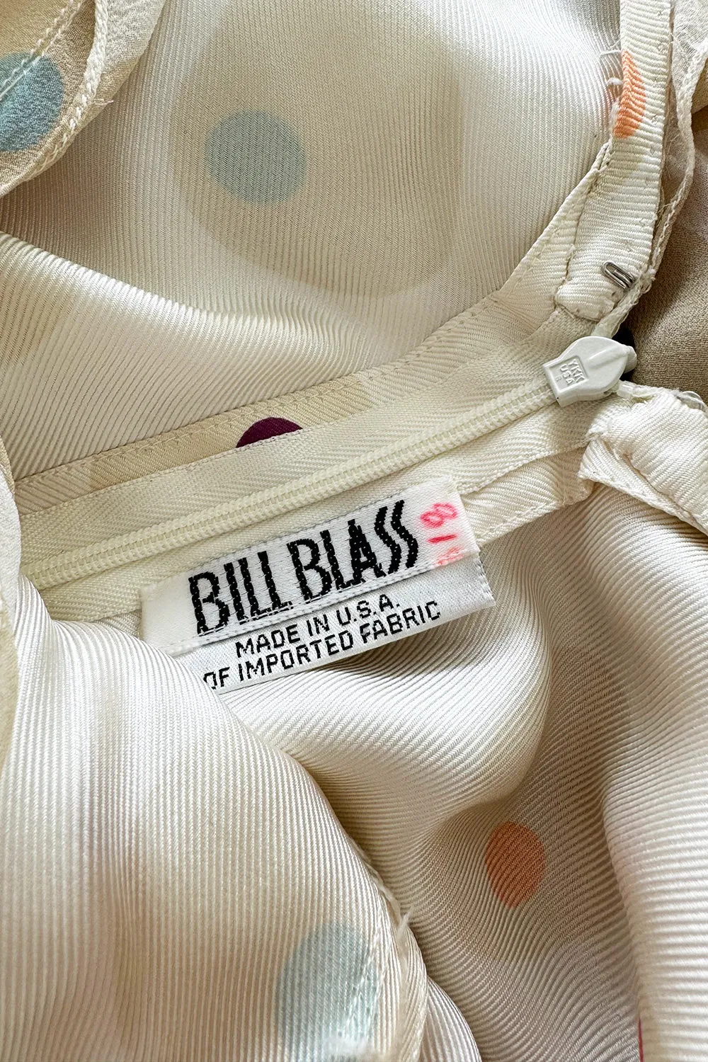 Prettiest 1980s Bill Blass Soft Taupe & Ivory Silk Chiffon Dress w Ruffles & Dot Print