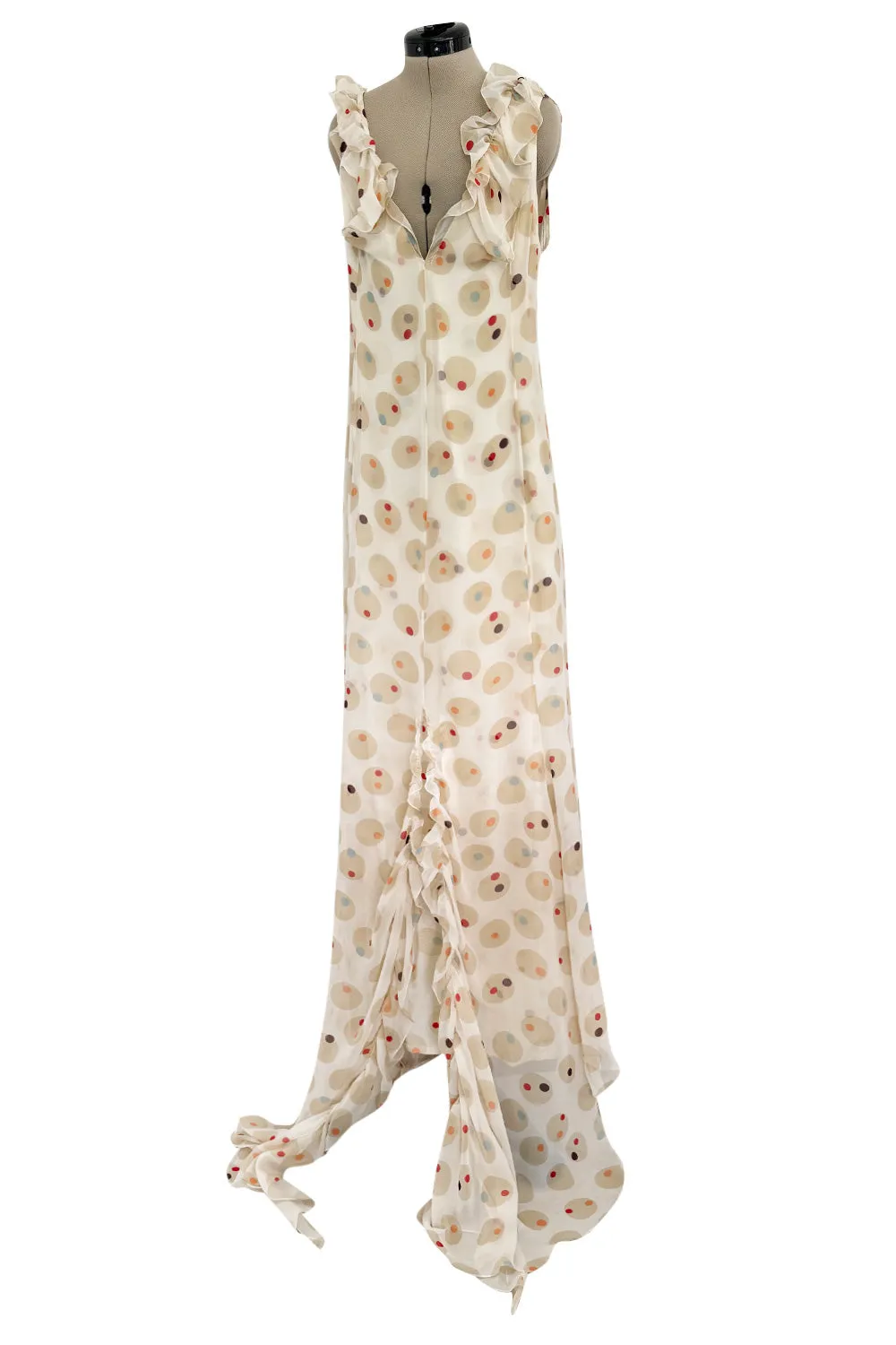 Prettiest 1980s Bill Blass Soft Taupe & Ivory Silk Chiffon Dress w Ruffles & Dot Print