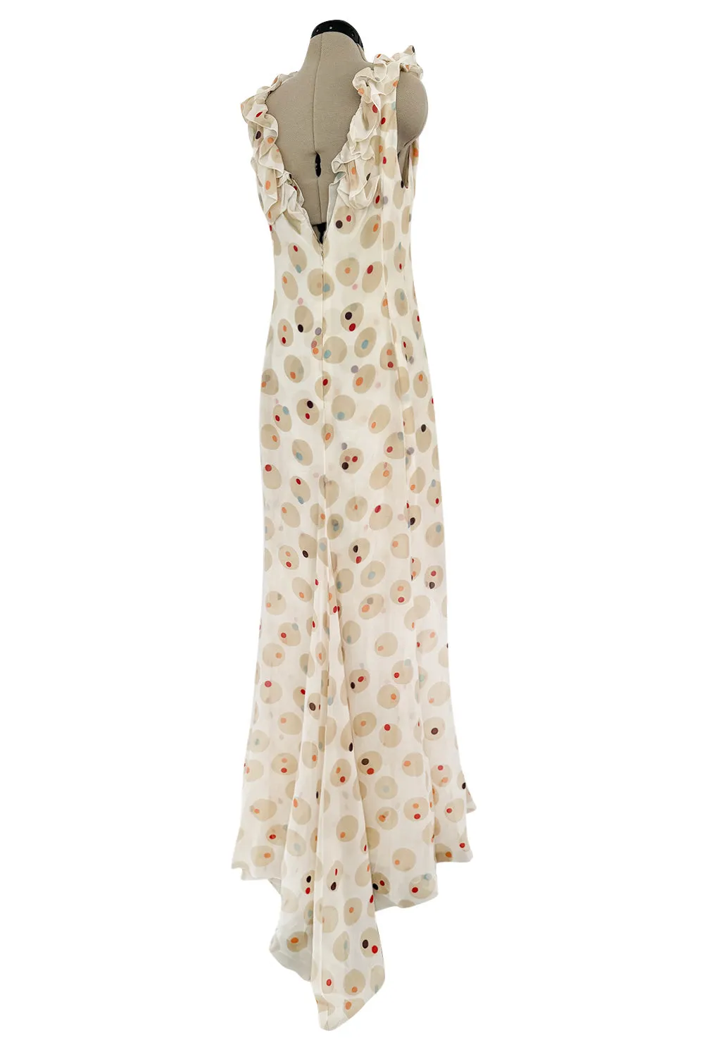 Prettiest 1980s Bill Blass Soft Taupe & Ivory Silk Chiffon Dress w Ruffles & Dot Print