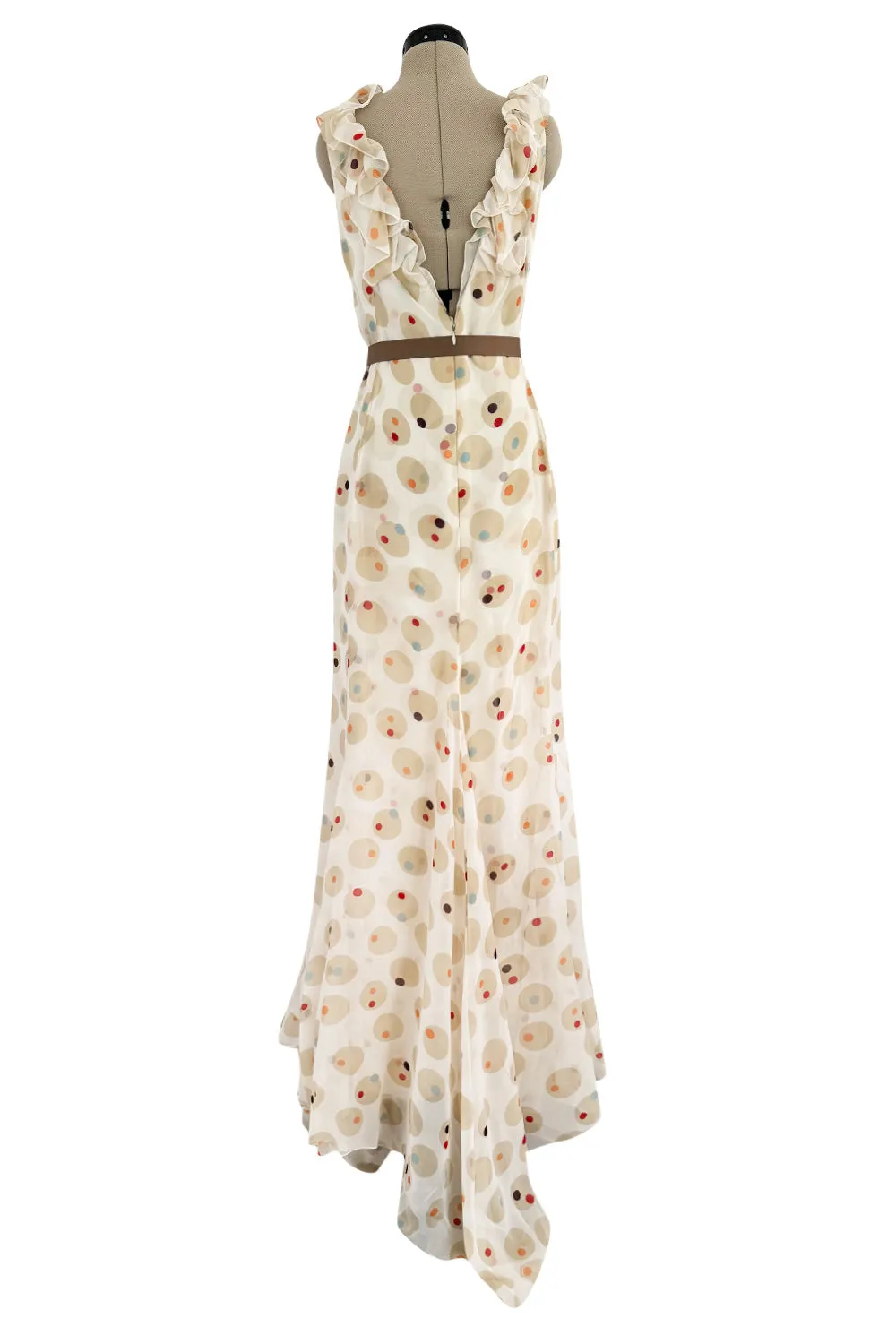 Prettiest 1980s Bill Blass Soft Taupe & Ivory Silk Chiffon Dress w Ruffles & Dot Print