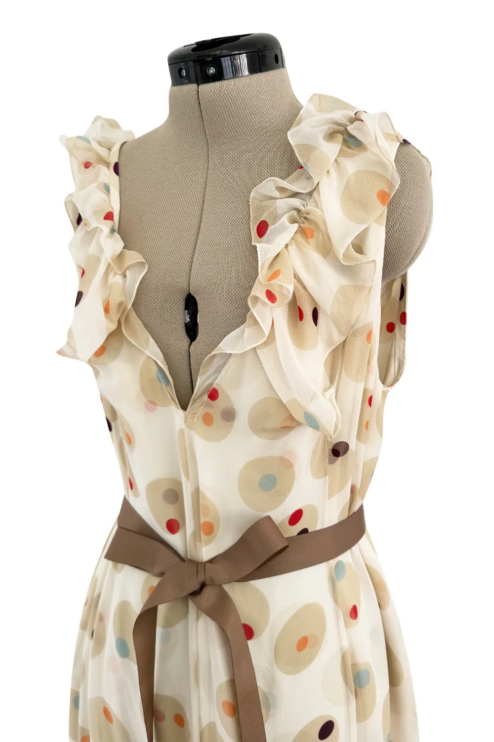 Prettiest 1980s Bill Blass Soft Taupe & Ivory Silk Chiffon Dress w Ruffles & Dot Print