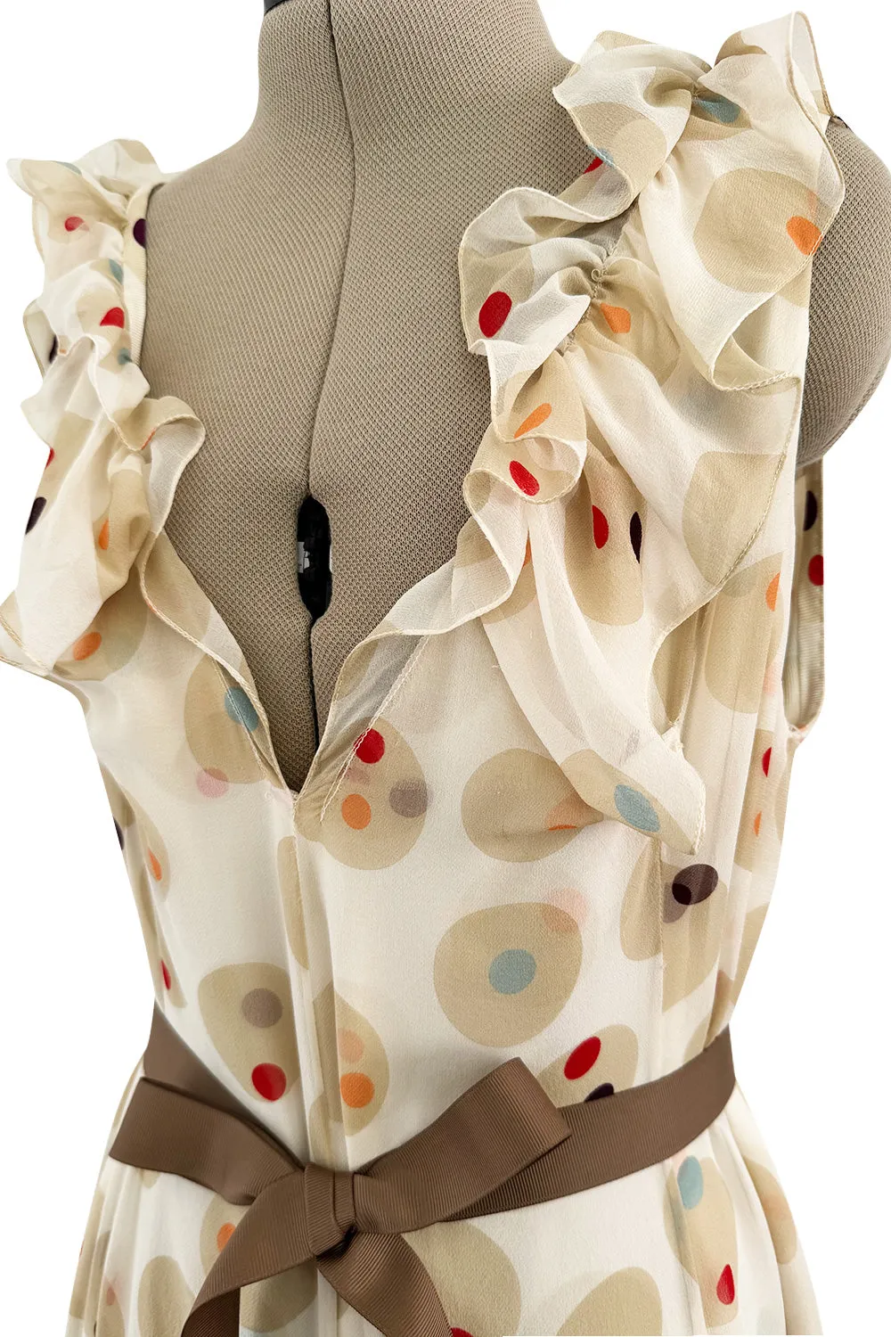 Prettiest 1980s Bill Blass Soft Taupe & Ivory Silk Chiffon Dress w Ruffles & Dot Print