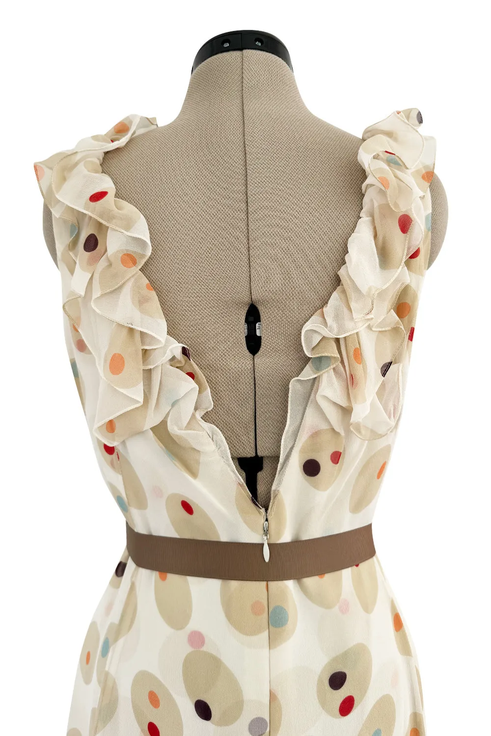 Prettiest 1980s Bill Blass Soft Taupe & Ivory Silk Chiffon Dress w Ruffles & Dot Print