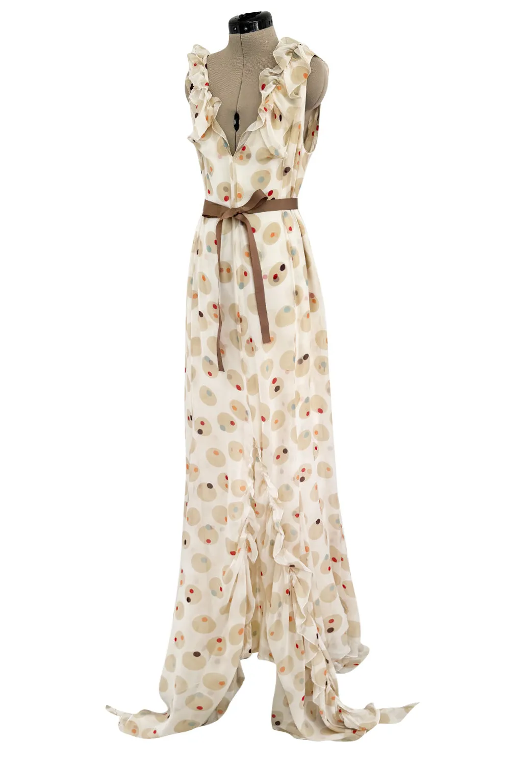 Prettiest 1980s Bill Blass Soft Taupe & Ivory Silk Chiffon Dress w Ruffles & Dot Print