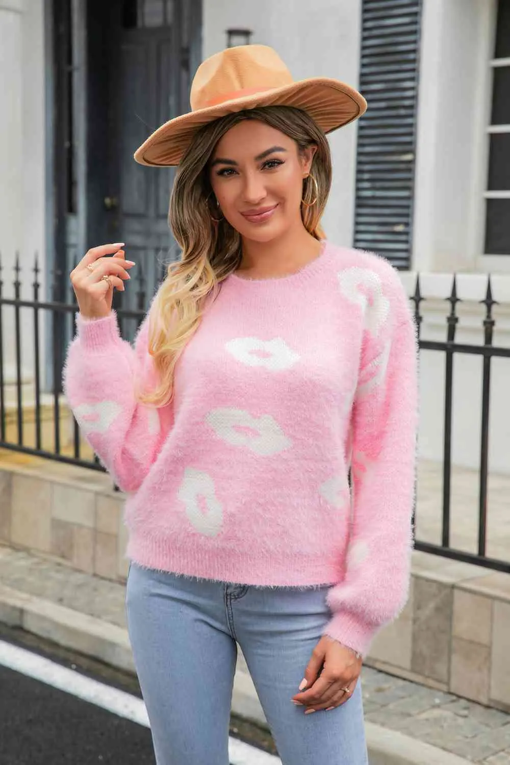 Printed Round Neck Long Sleeve Fuzzy Sweater