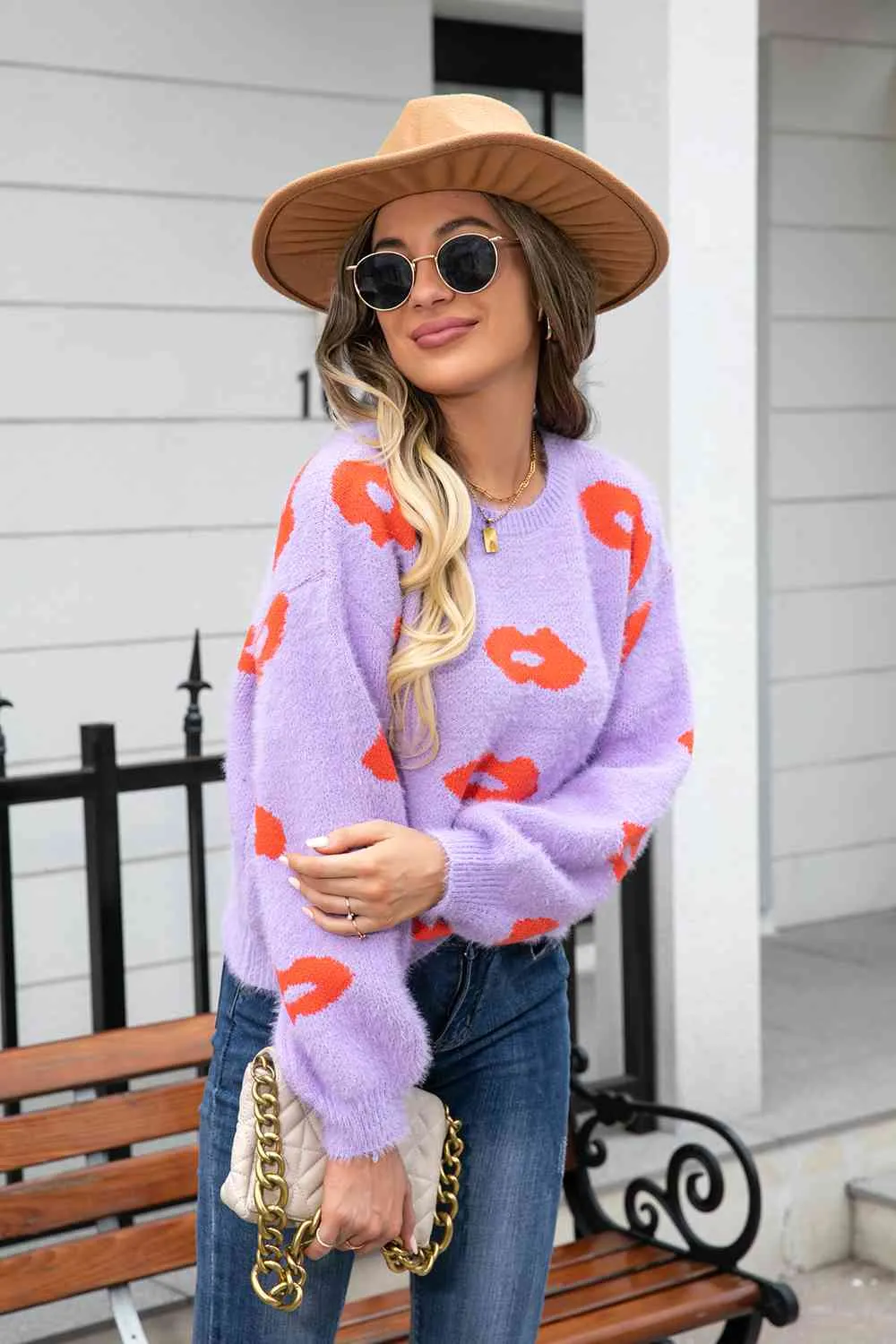 Printed Round Neck Long Sleeve Fuzzy Sweater