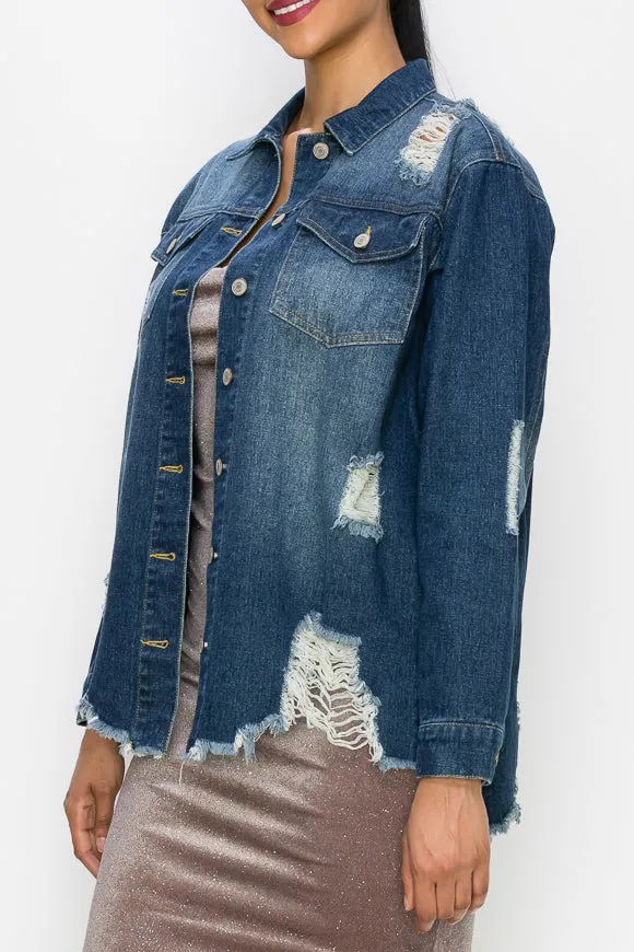 Raw Hem Distressing Denim Jacket