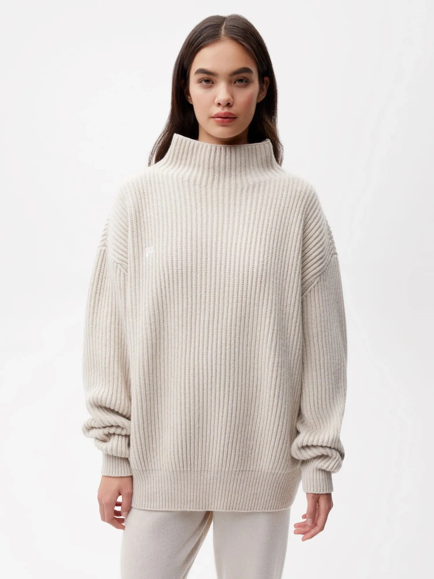 Recycled Cashmere Funnel-Neck Sweater—oatmeal