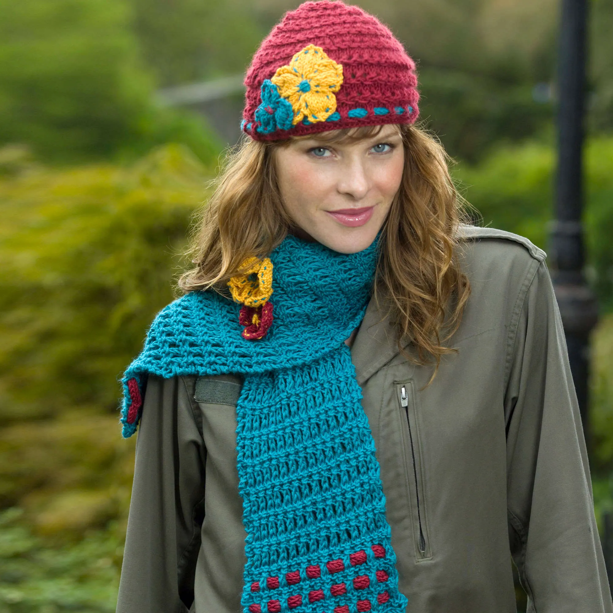 Red Heart Knit Garden Lattice Scarf Hat & Brooch Set