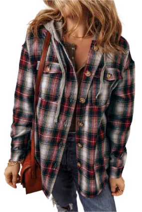 Red Plaid Print Chest Pocket Buttoned Hooded Shacket