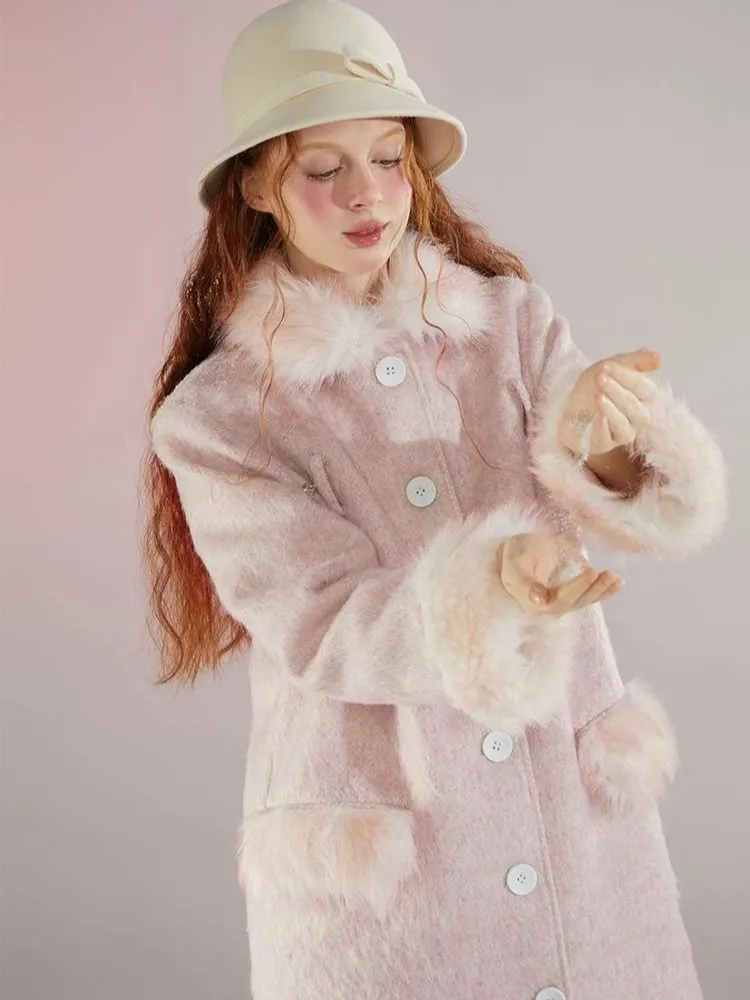 Retro pink fur collar coat【s0000004597】