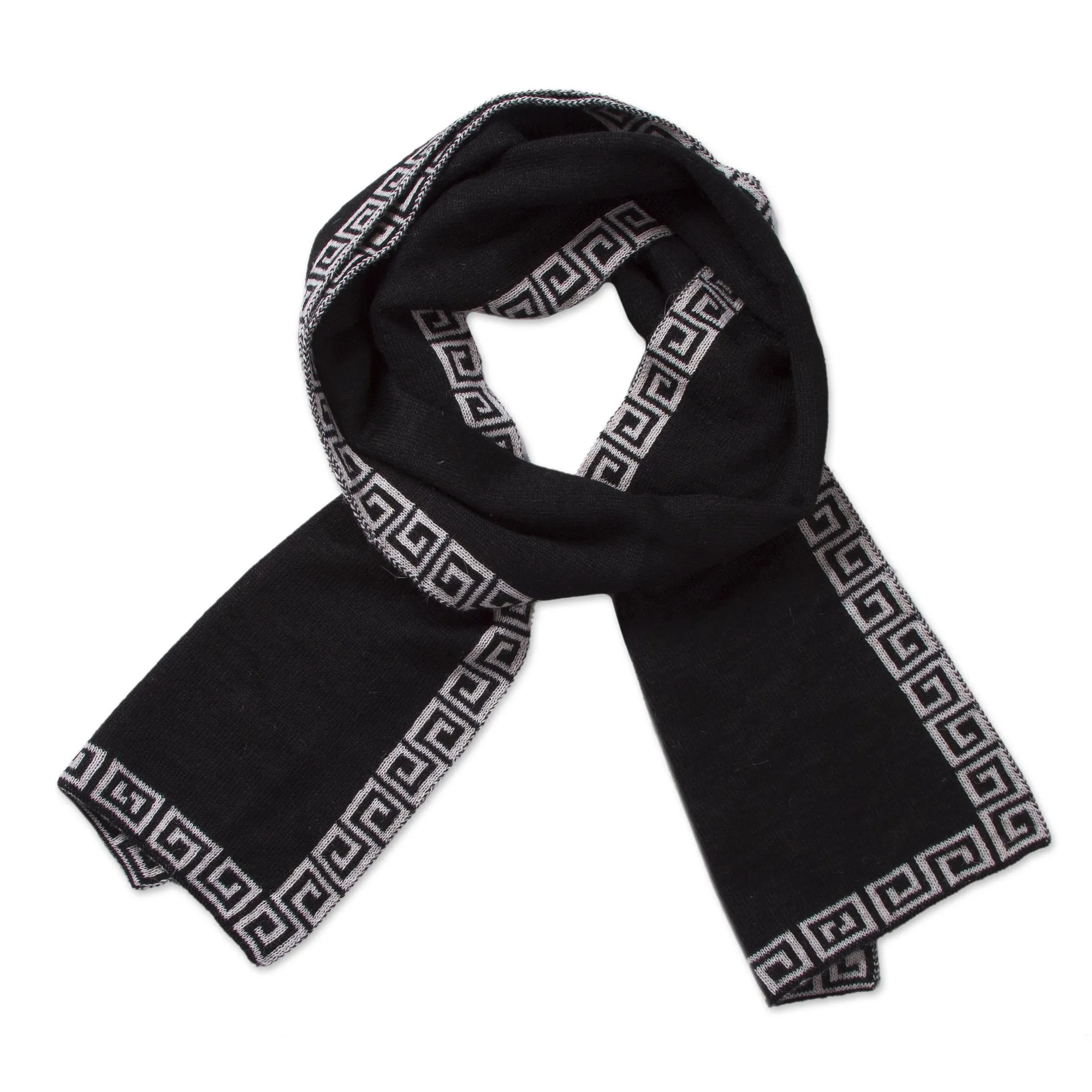 Reversible Ivory and Black Alpaca Blend Knit Scarf from Peru - Incan Inspiration | NOVICA