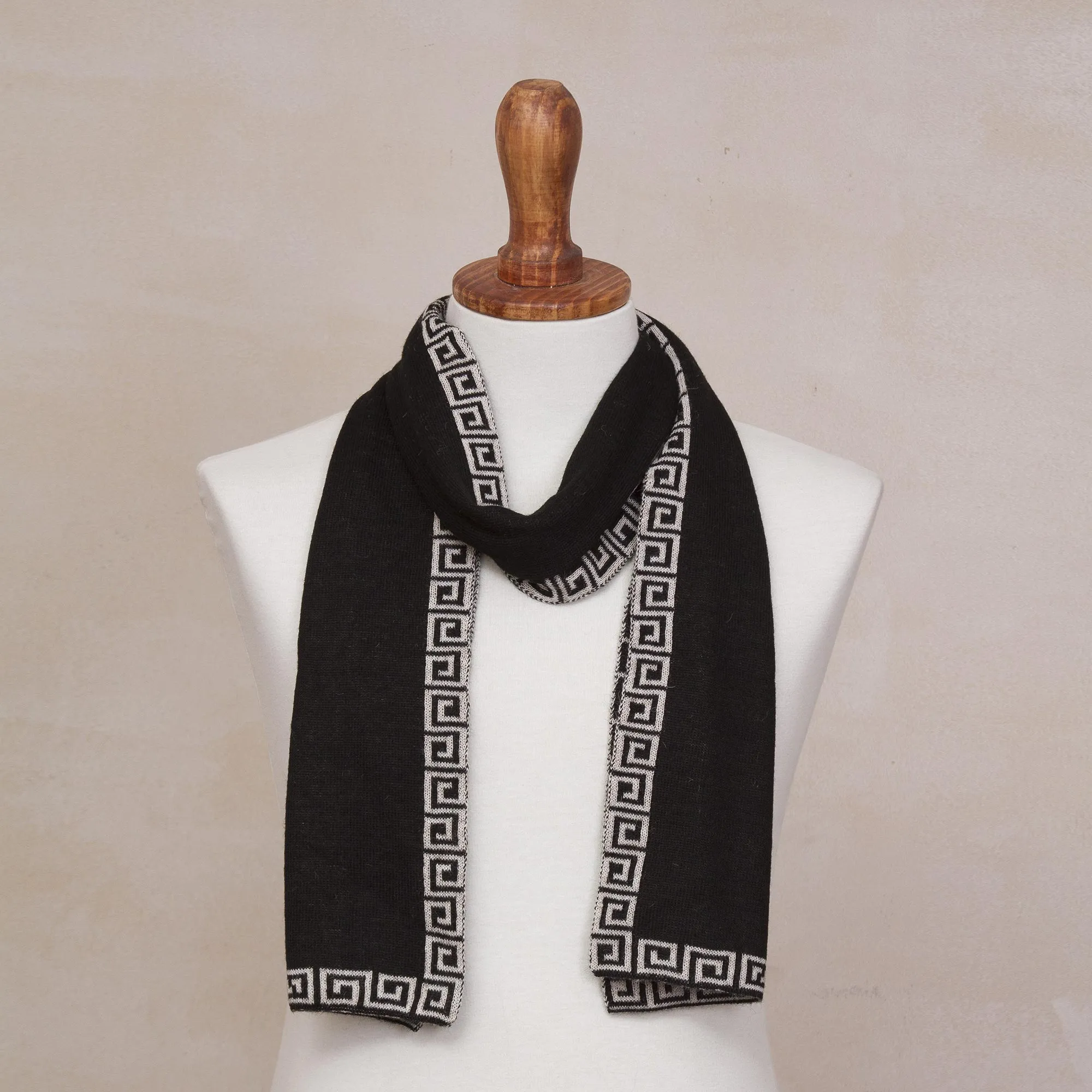 Reversible Ivory and Black Alpaca Blend Knit Scarf from Peru - Incan Inspiration | NOVICA