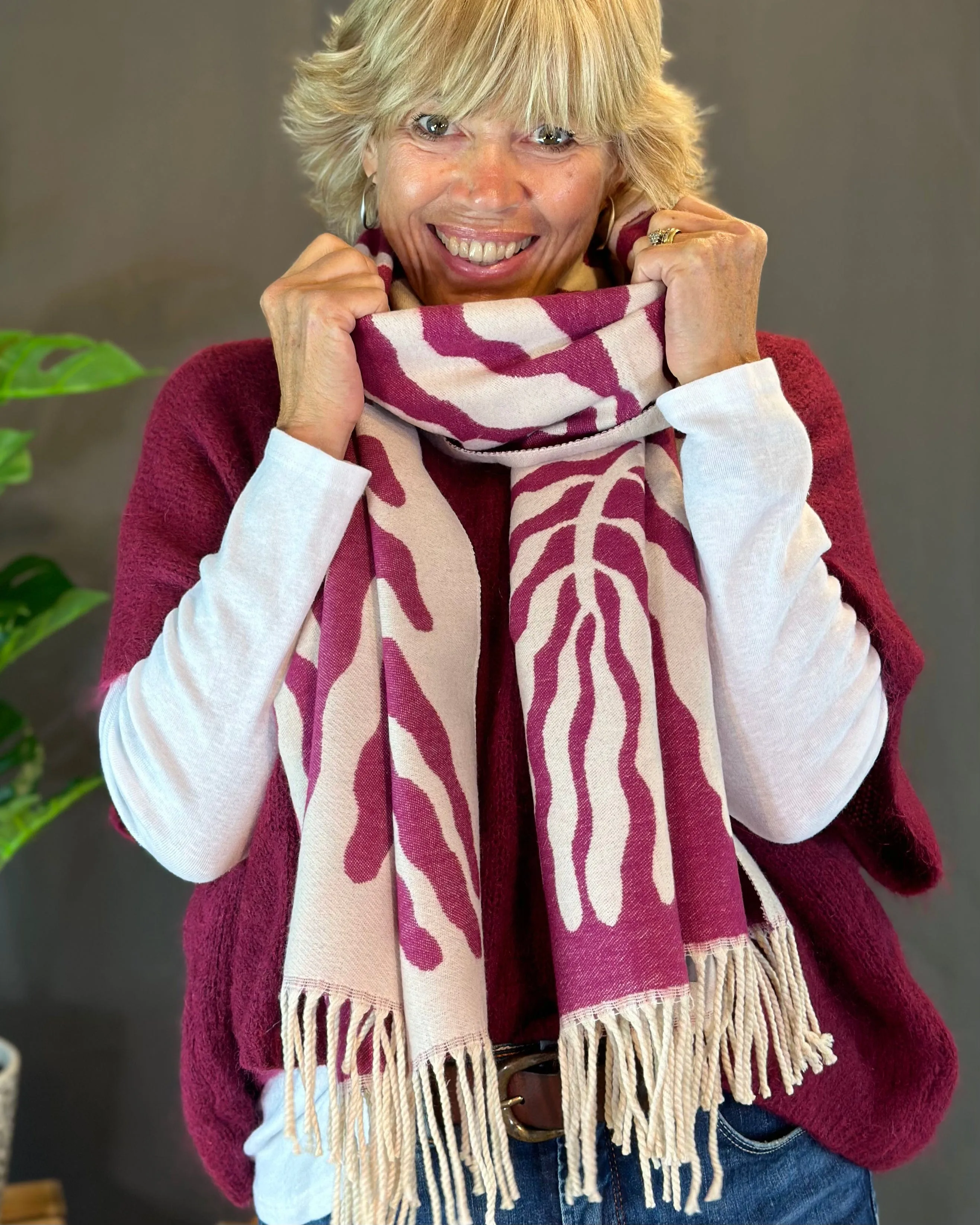 Reversible Printed Winter Scarf - Cream/Raspberry