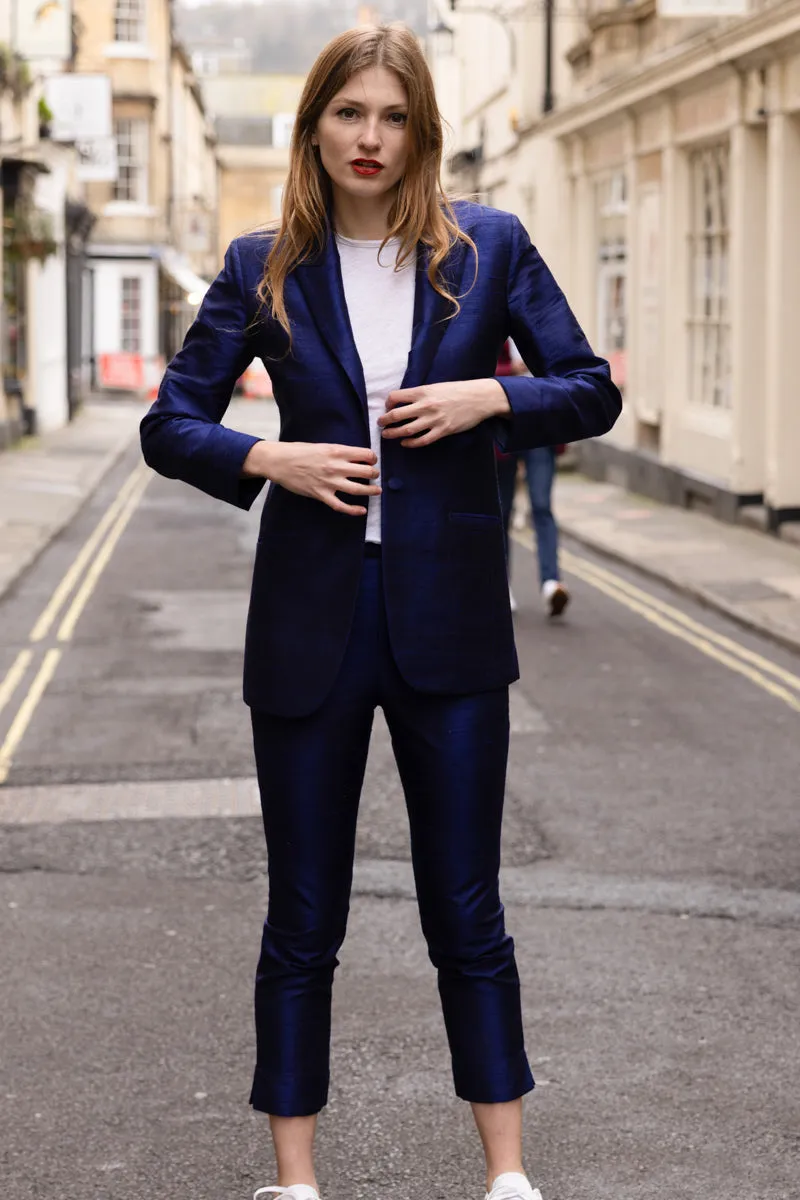 Silk Cigarette Trousers in Midnight Blue