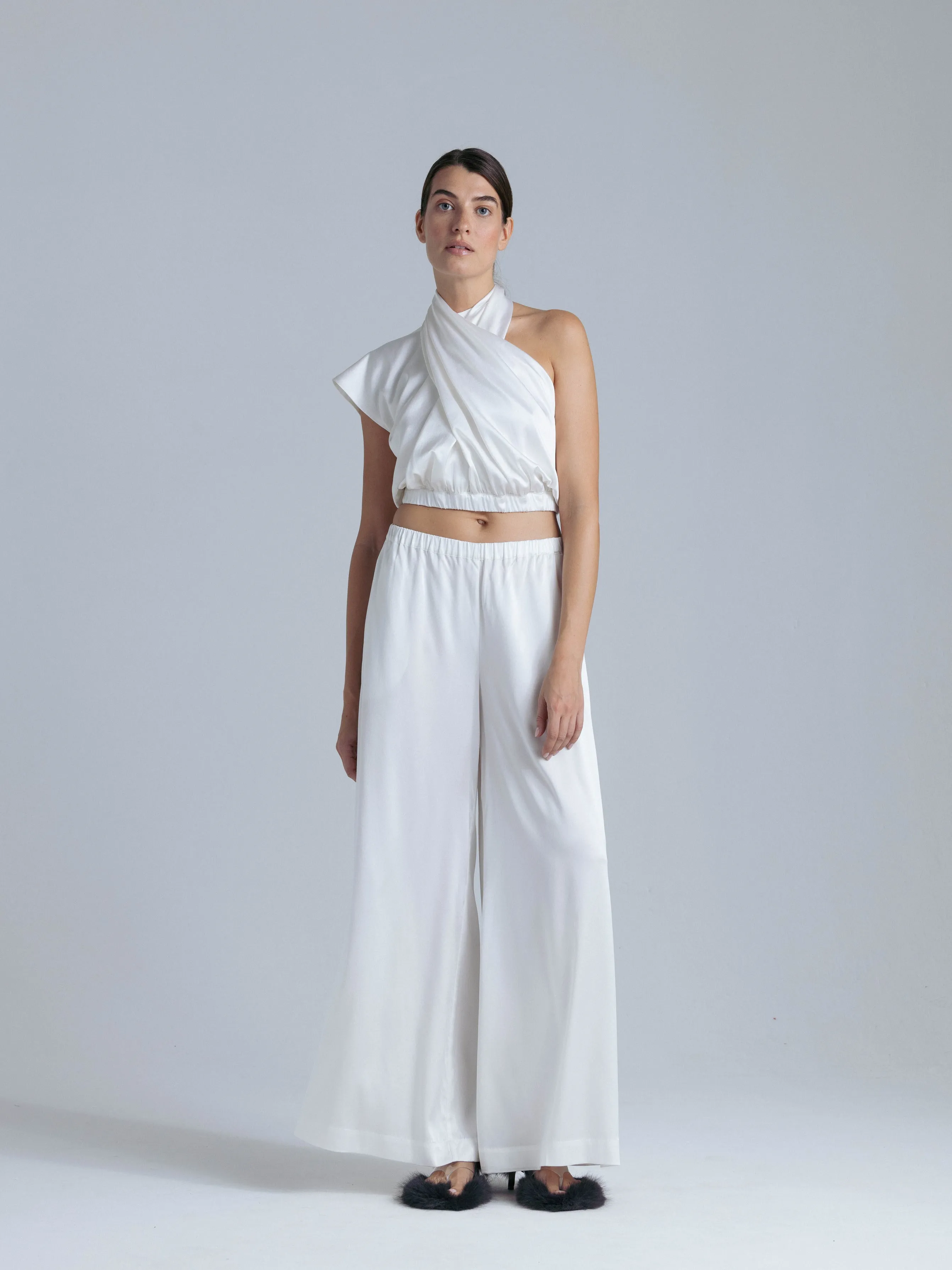 Silk Palazzo Pants and Top Set 'Danielle&Leto' in Milk White