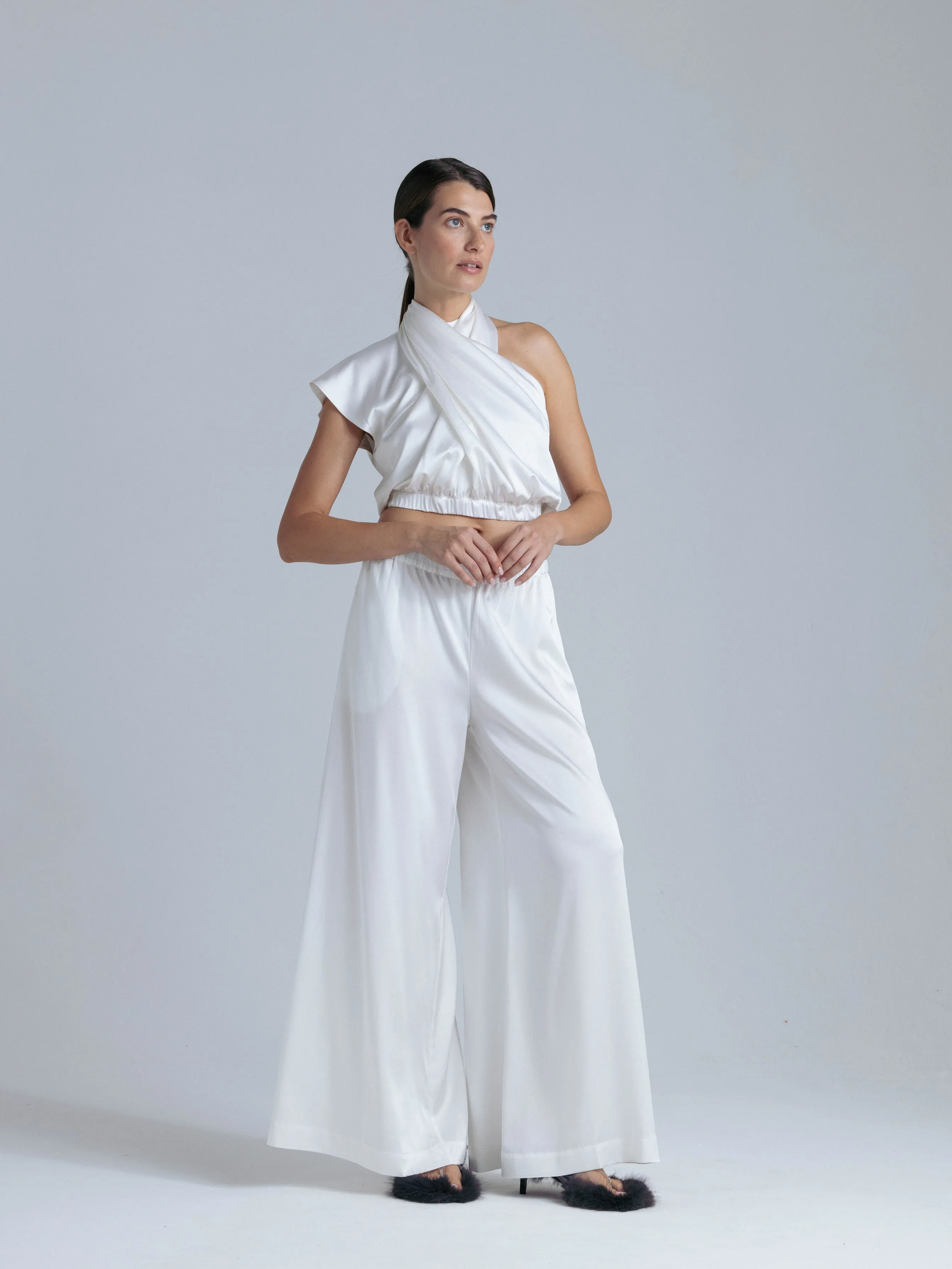 Silk Palazzo Pants and Top Set 'Danielle&Leto' in Milk White