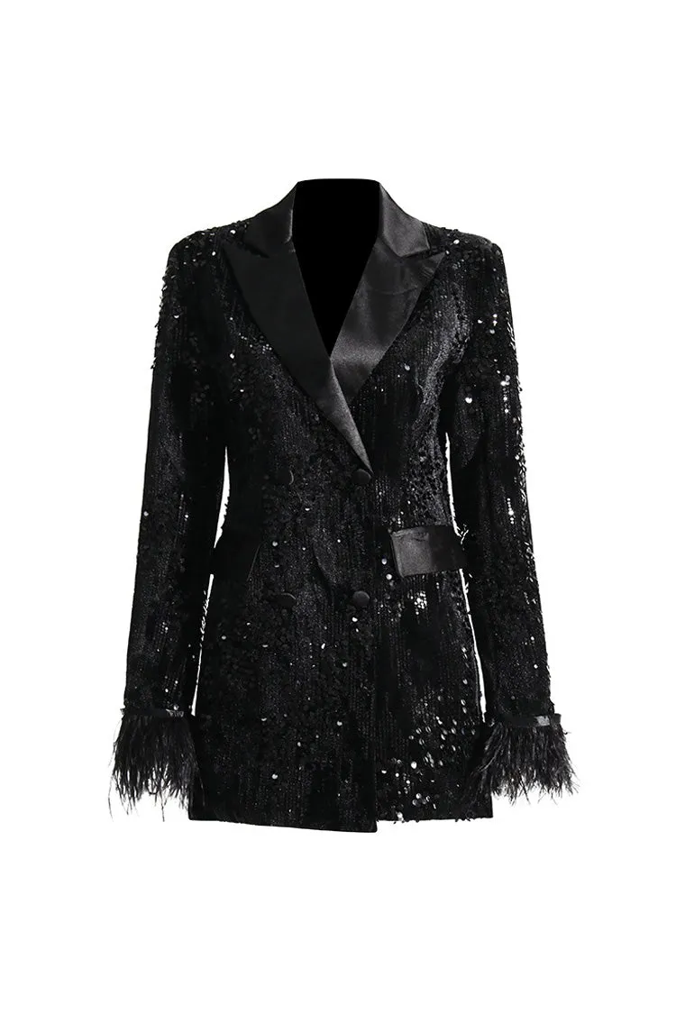 Silky Satin Lapel Feather Trim Long Sleeve Cinch Waist Sequin Party Blazer