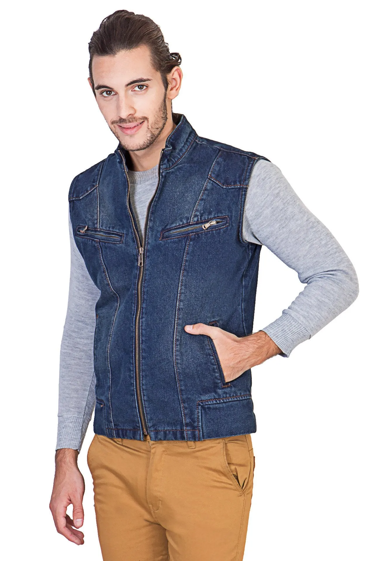 Sleeveless Tinted Blue Men's Denim Jacket with Zipper