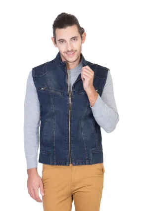 Sleeveless Tinted Blue Men's Denim Jacket with Zipper