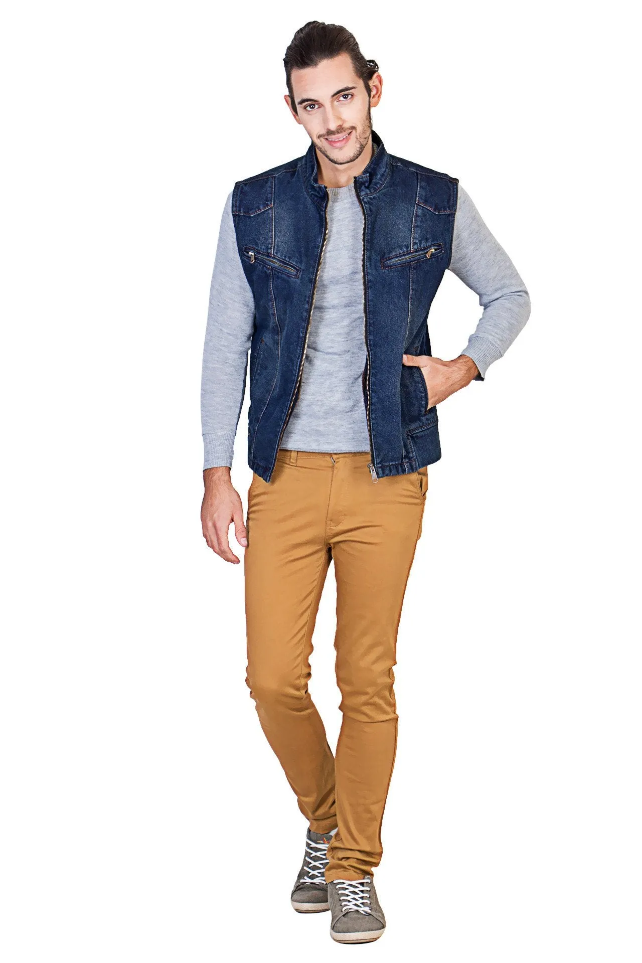 Sleeveless Tinted Blue Men's Denim Jacket with Zipper