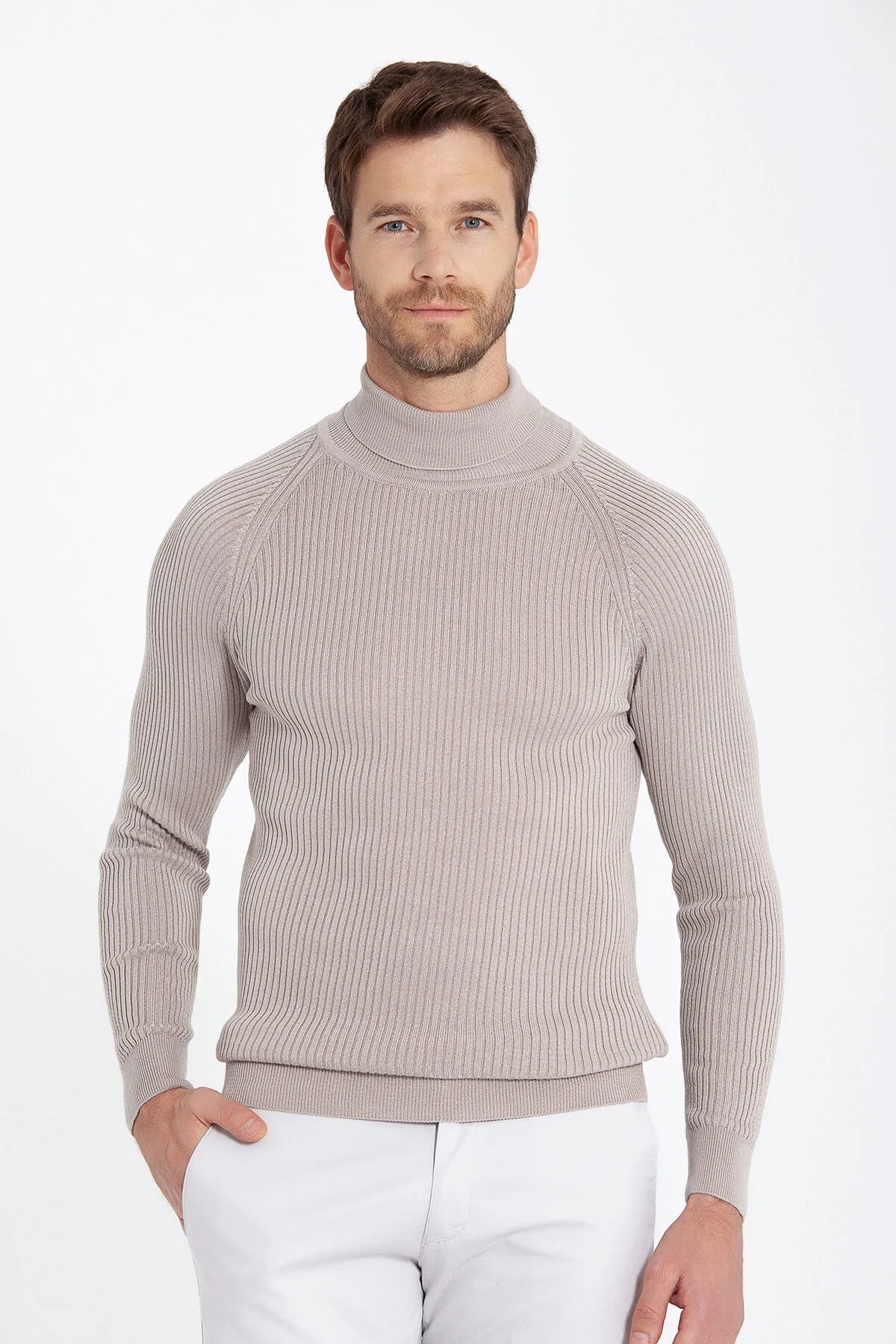 Slim Fit Dark Beige Turtleneck Sweater