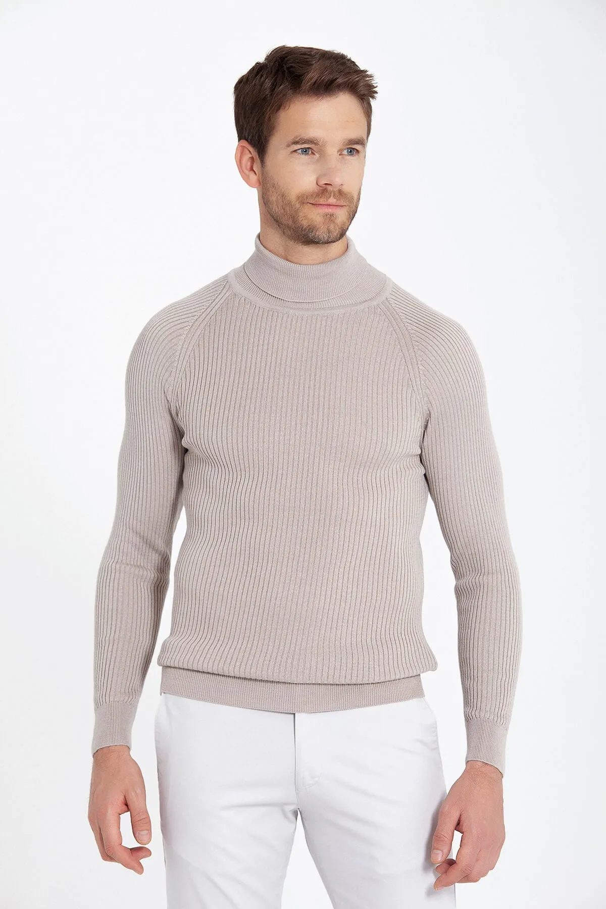 Slim Fit Dark Beige Turtleneck Sweater