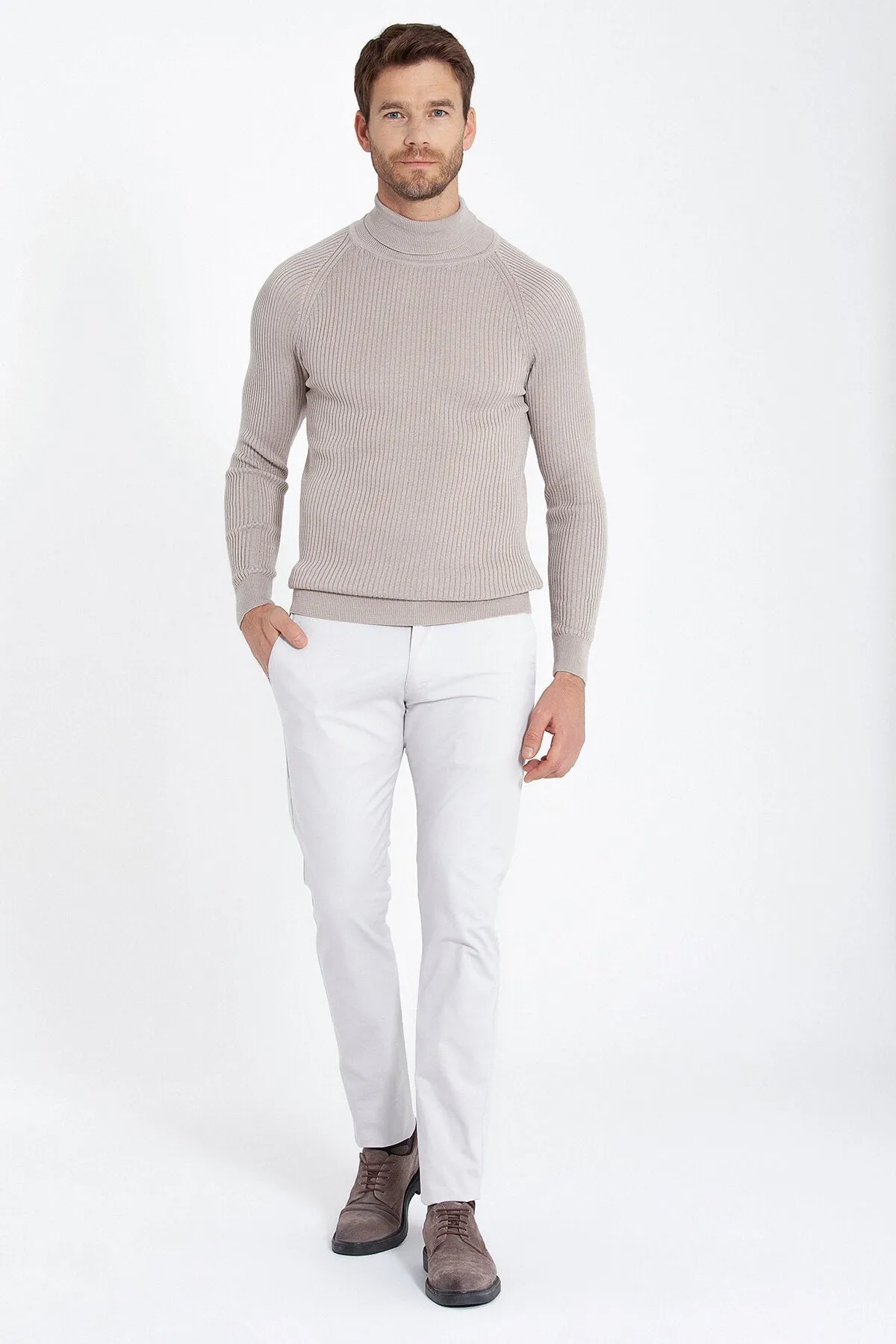 Slim Fit Dark Beige Turtleneck Sweater