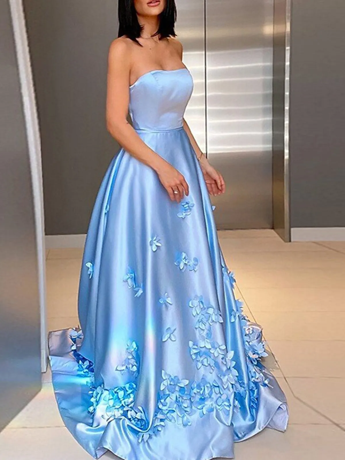 Strapless Light Blue Satin Floral Long Prom Dresses, Light Blue Formal Dresses with 3D Flowers, Light Blue Evening Dresses